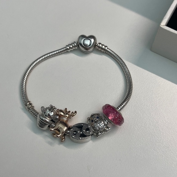 Pandora 925 silver bracelet with 5 charms reindeer owl free hugs cactus cancer - Picture 4 of 9